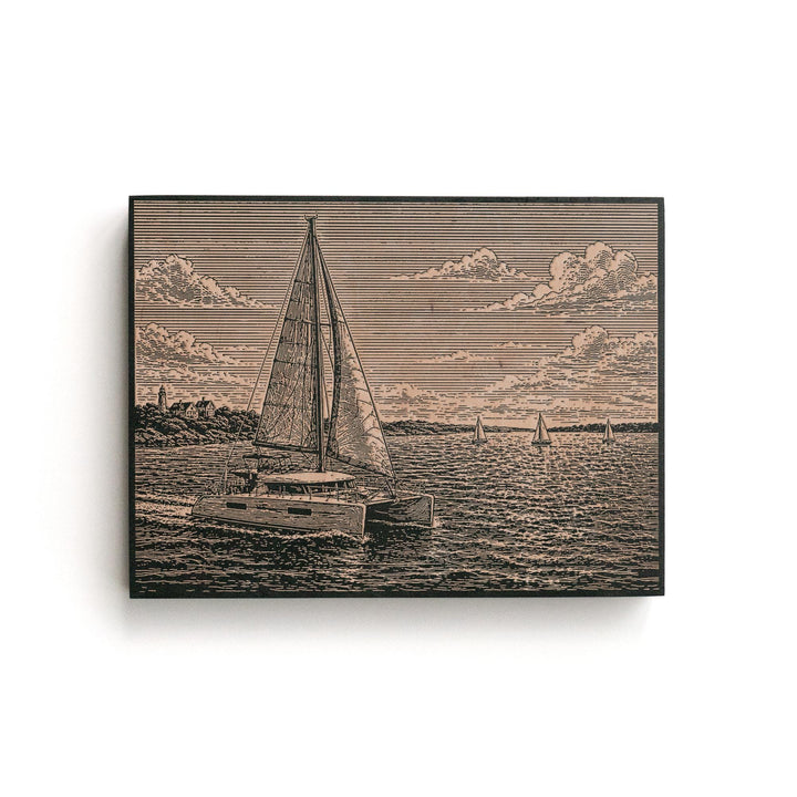 Catamaran Sailboat Engraved Illustration