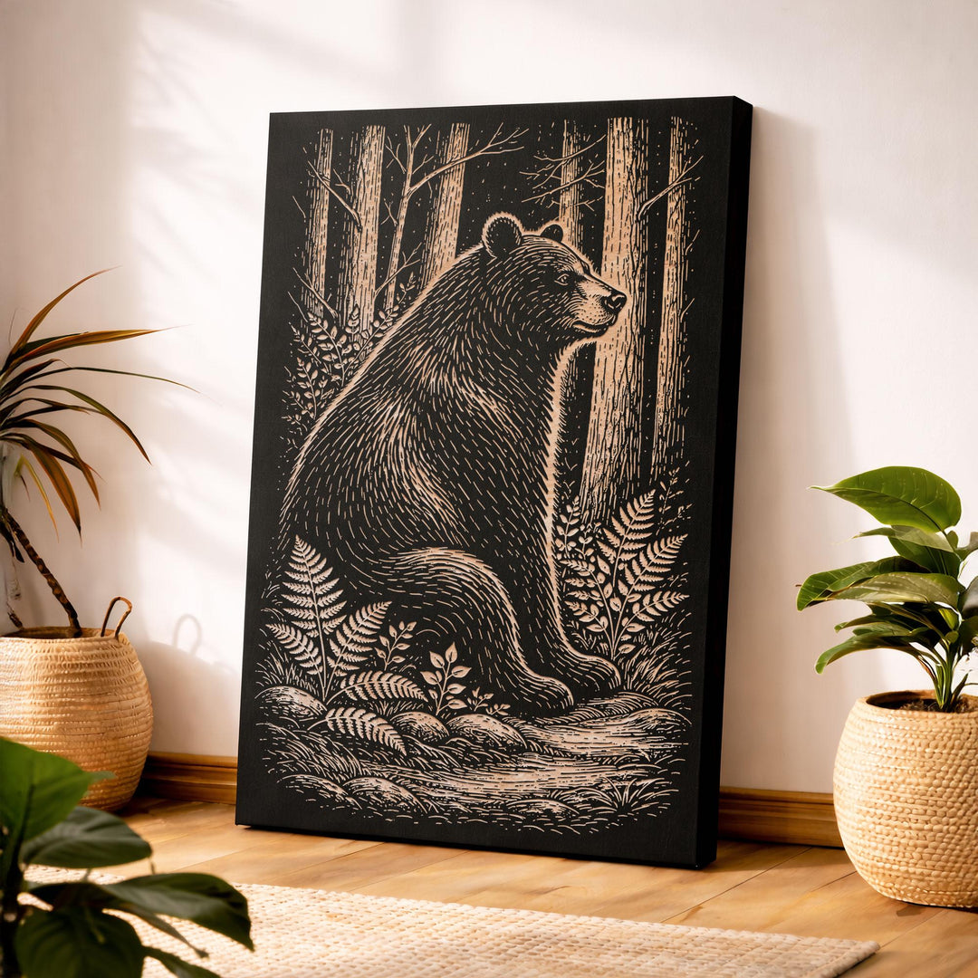 Black Bear in Forest Engraved Birch Art Panel