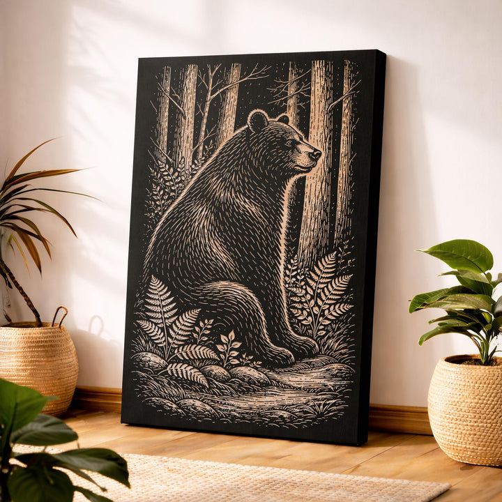 Black Bear in Forest Engraved Birch Art Panel