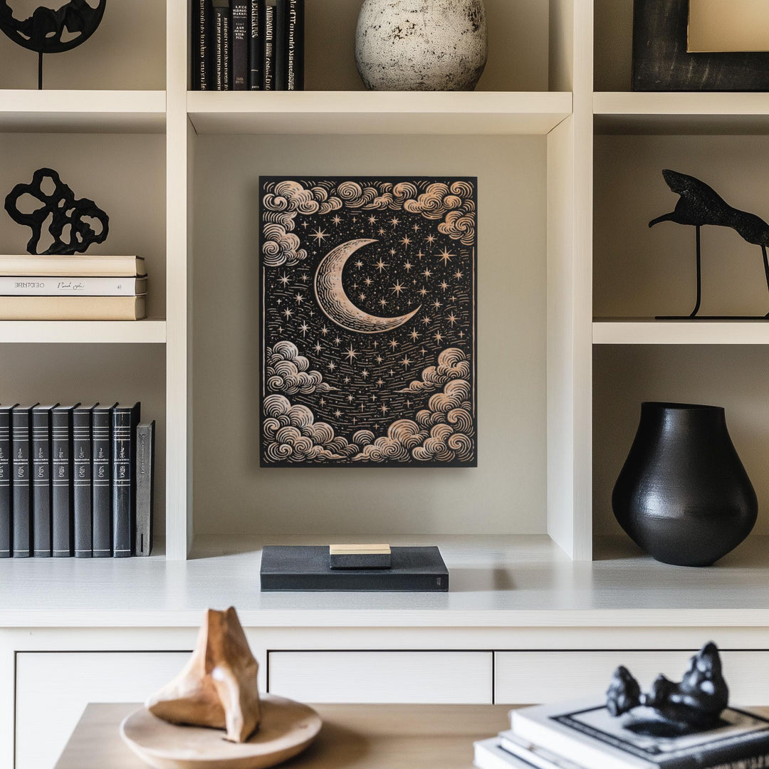 Celestial Moon &amp; Stars Engraved Birch Illustration