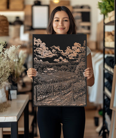 California Wine Country Vineyard Scene Engraved Illustration