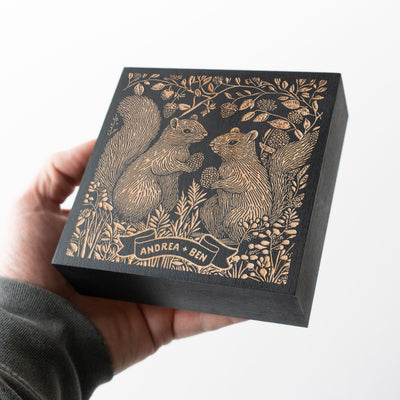Squirrel Couple Engraved Birch Wood Panel