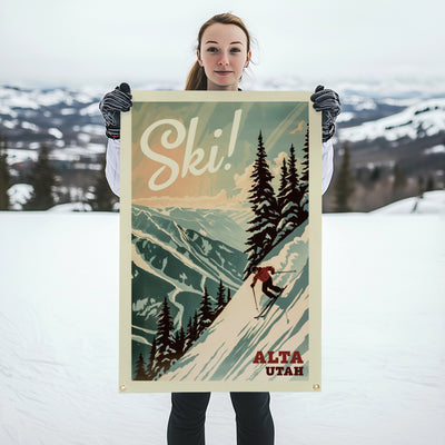 SKI! Mountain Felt Banner Teal 24x36