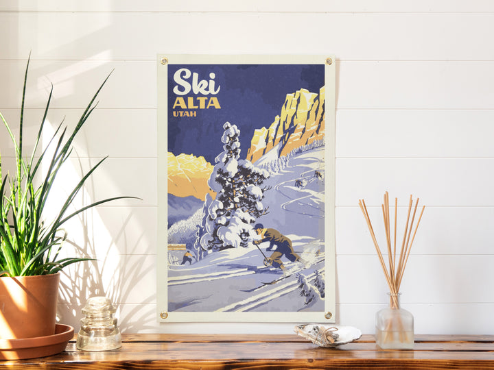SKI Mountain Felt Banner Blue 16x24