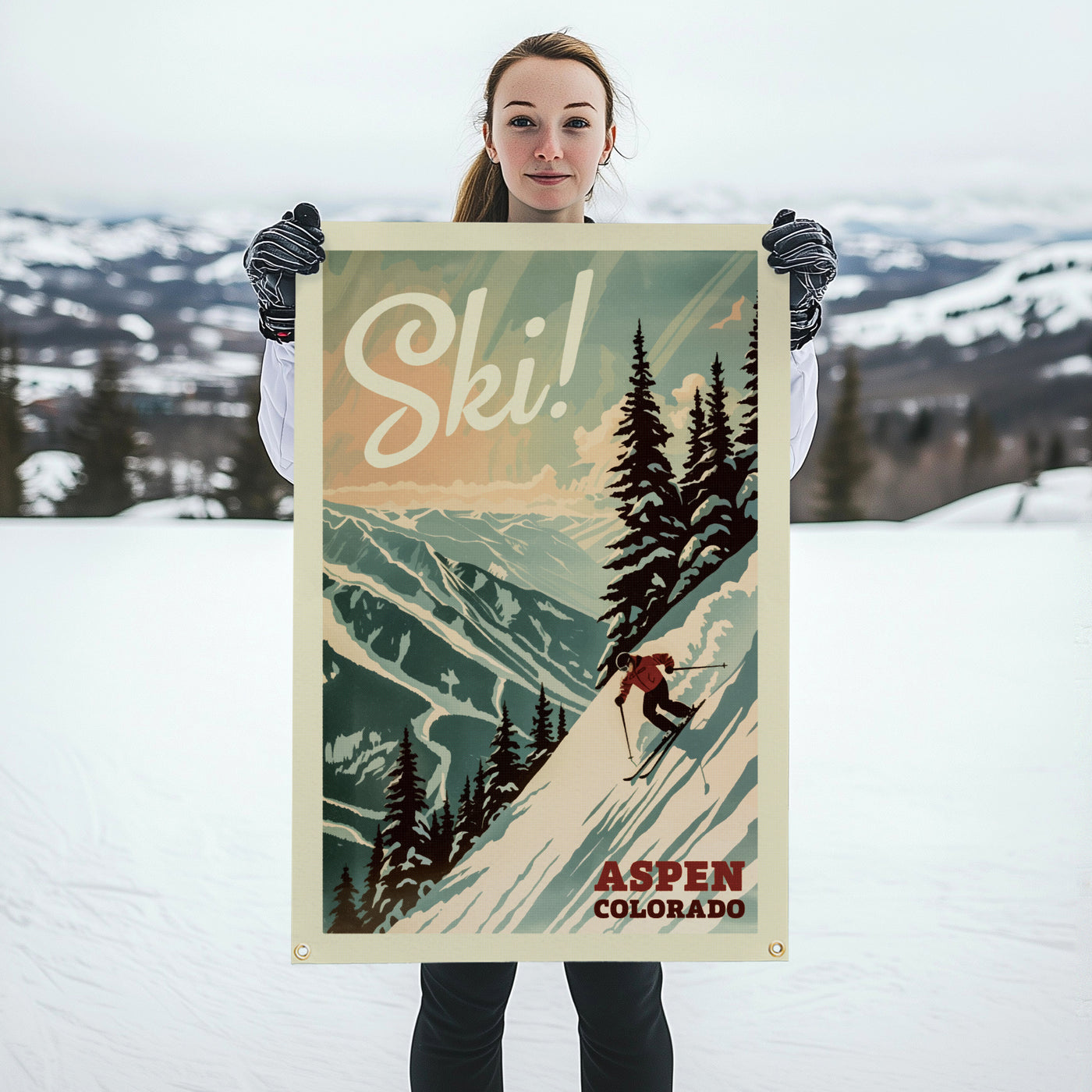 SKI! Mountain Felt Banner Teal 24x36