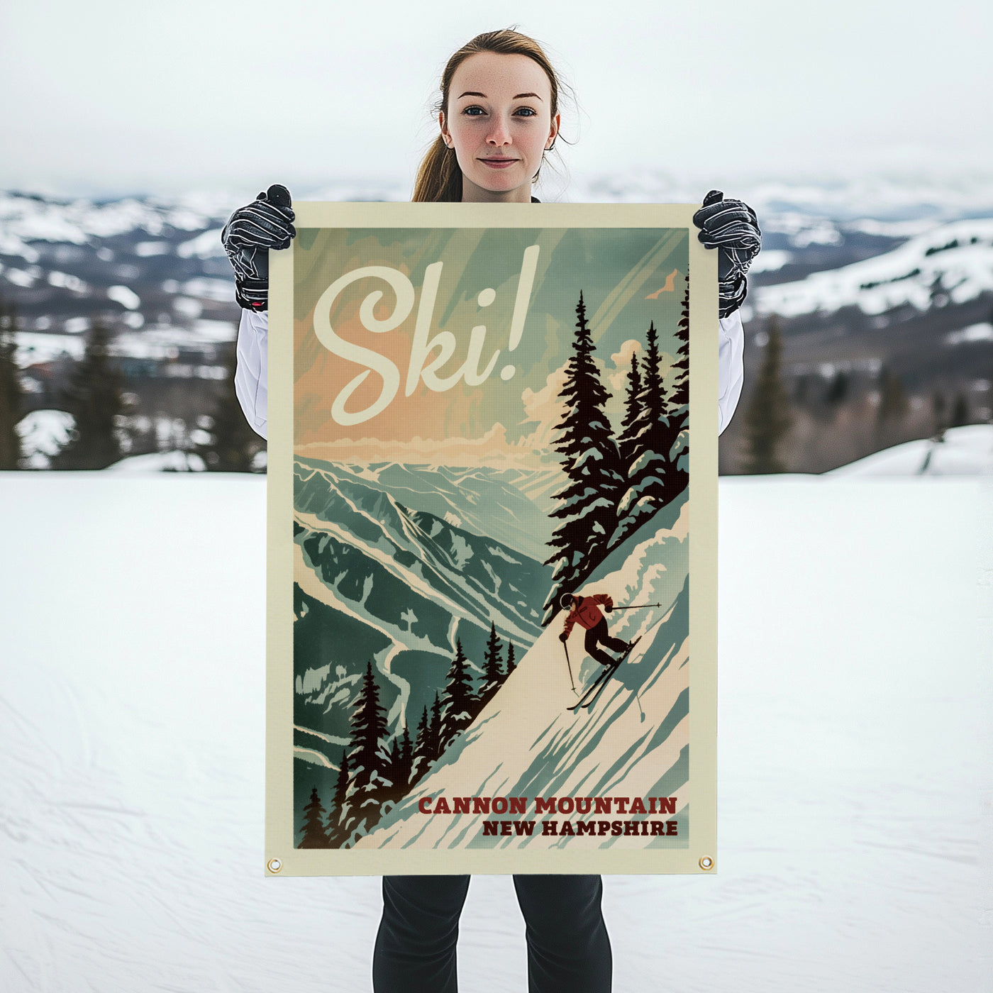 SKI! Mountain Felt Banner Teal 24x36