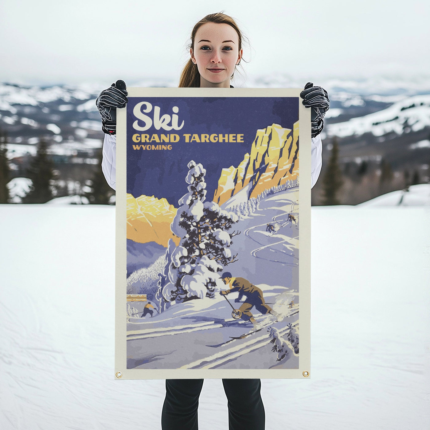 Ski! Mountain Felt Banner Blue  24x36