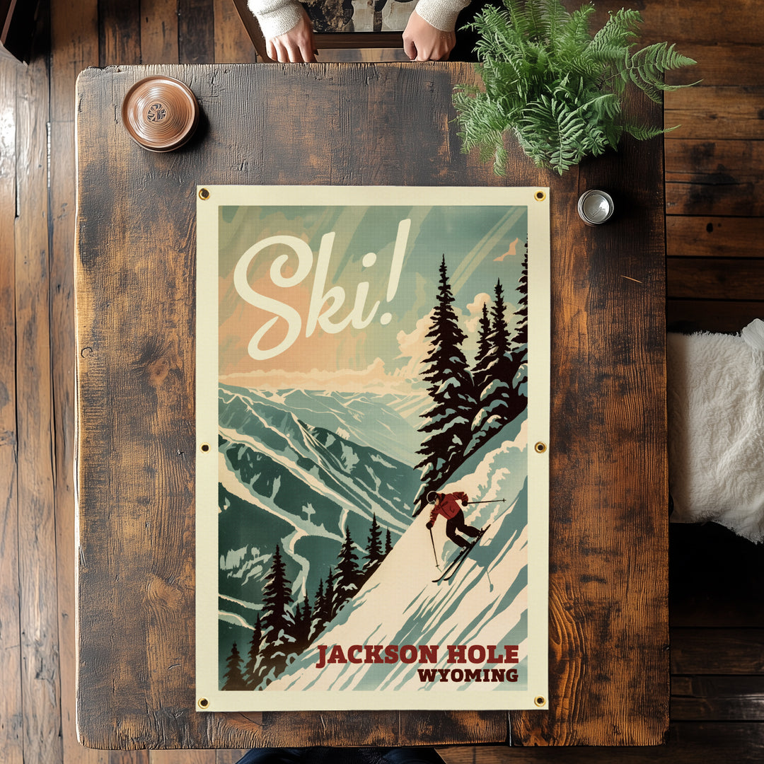 SKI Mountain Felt Banner Teal 16x24