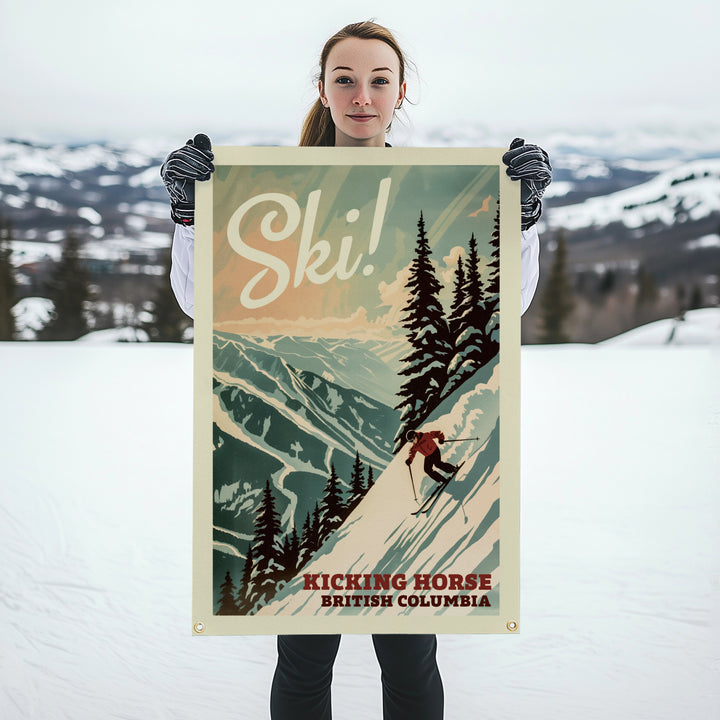 SKI Mountain Felt Banner Teal 24x36