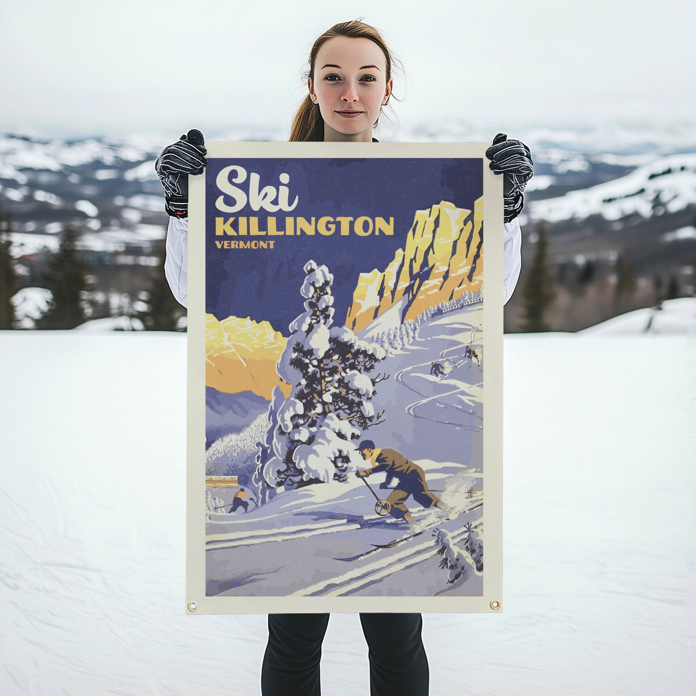 Ski! Mountain Felt Banner Blue  24x36