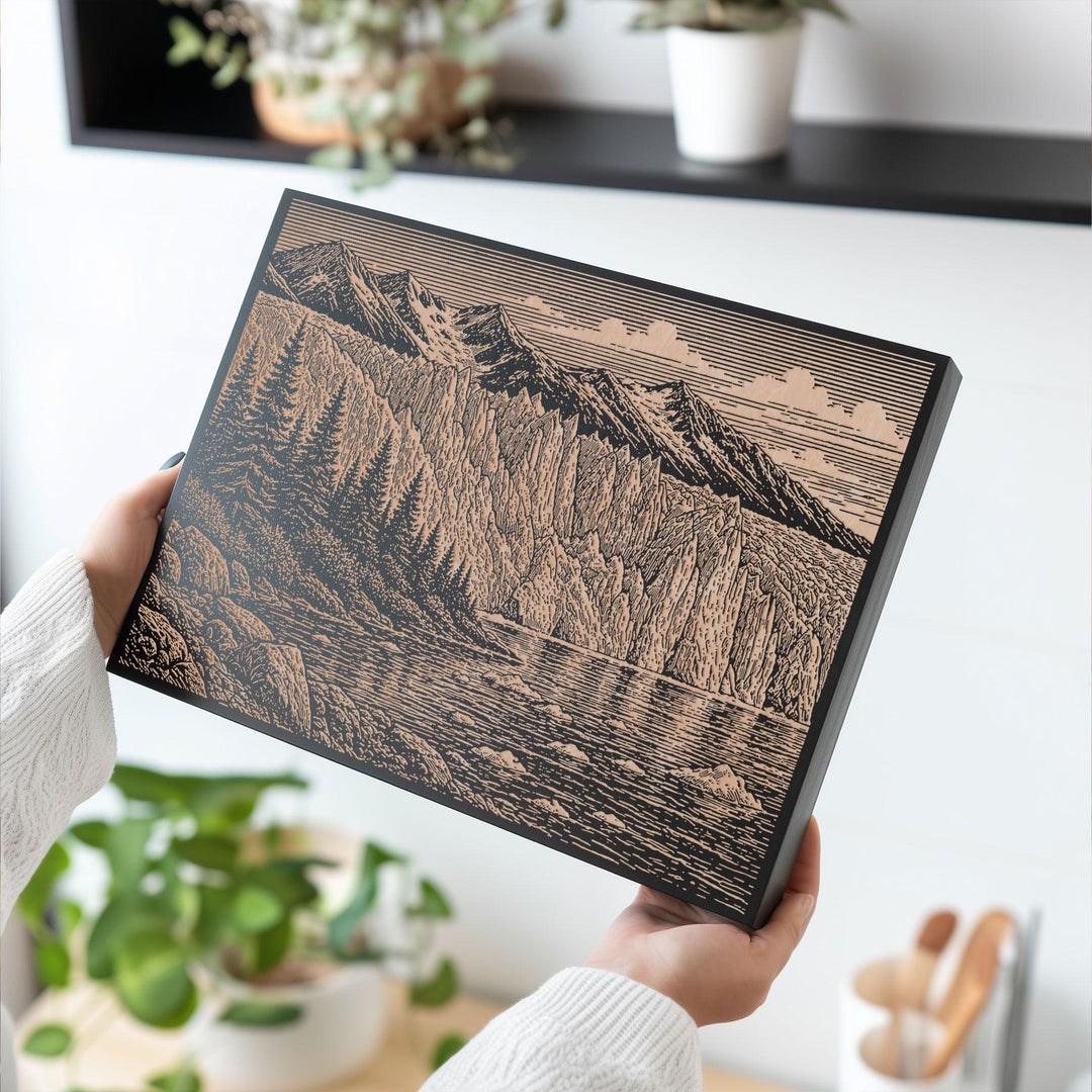 Glacier and Spruce Shore Engraved Birch Art Panel