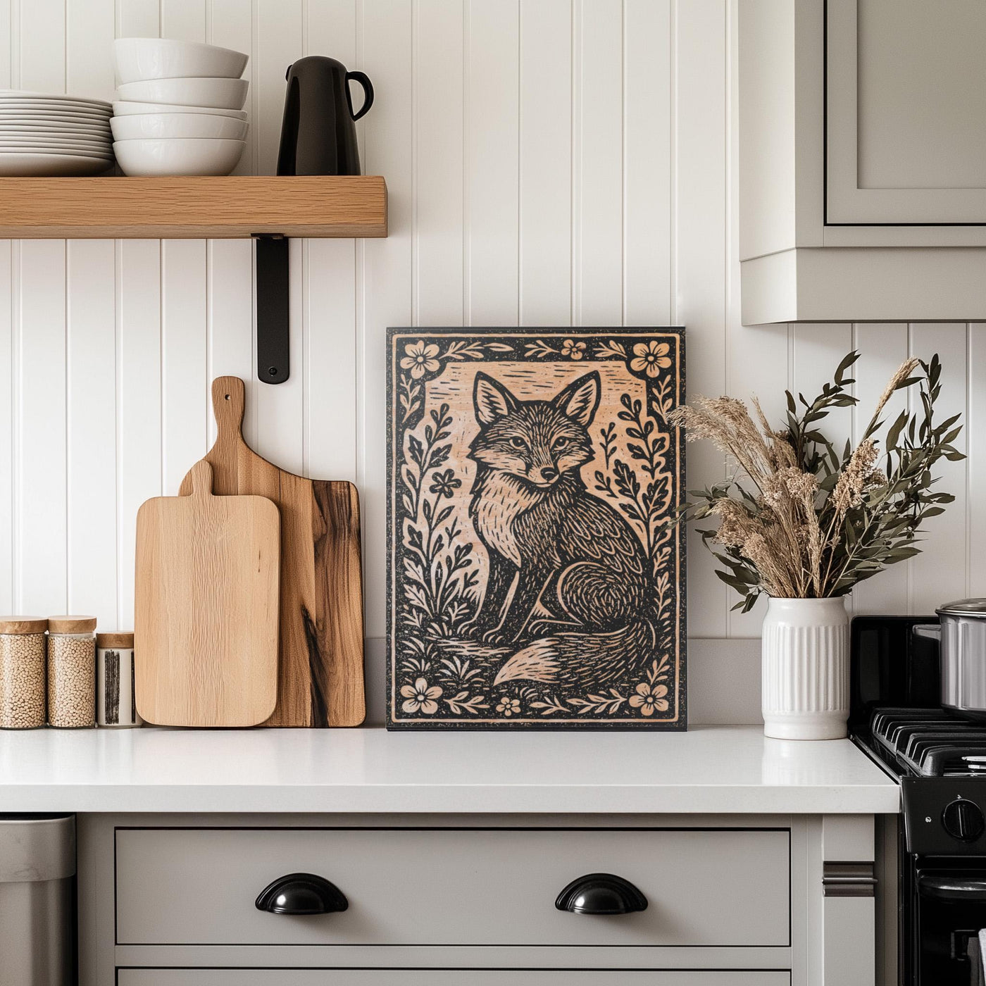 Fox in Wildflowers Engraved Birch Illustration