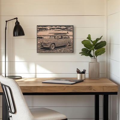 Vintage Beach Station Wagon with Surfboard Engraved Illustration