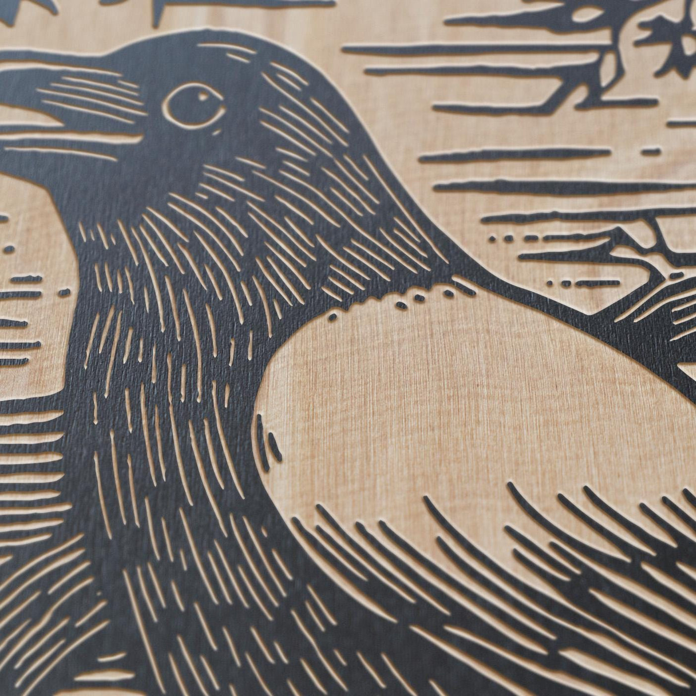 Crow Engraved Birch Wood Panel