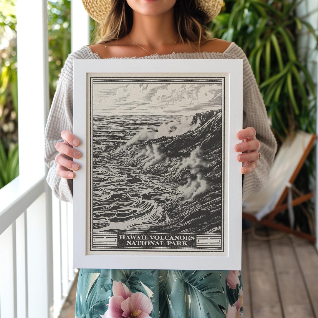 Hawaii Volcanoes National Park Lithograph Style Print - Vintage Hawaii Big Island archival matte fine art print. Kīlauea & Mauna Loa Gift.