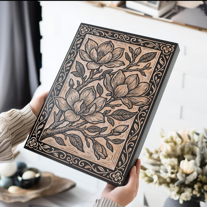 Magnolia Blossoms Engraved Birch Illustration