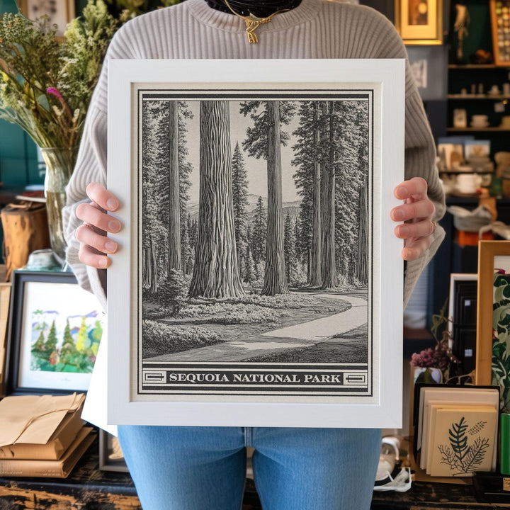 Sequoia National Park Lithograph Style Print - Vintage California archival matte fine art print. Giant Forest Sierra Nevada Mountains Gift.