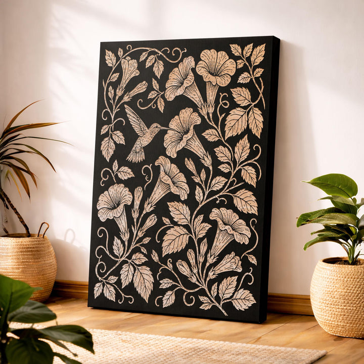 Hummingbird and Trumpet Vine Engraved Birch Art Panel
