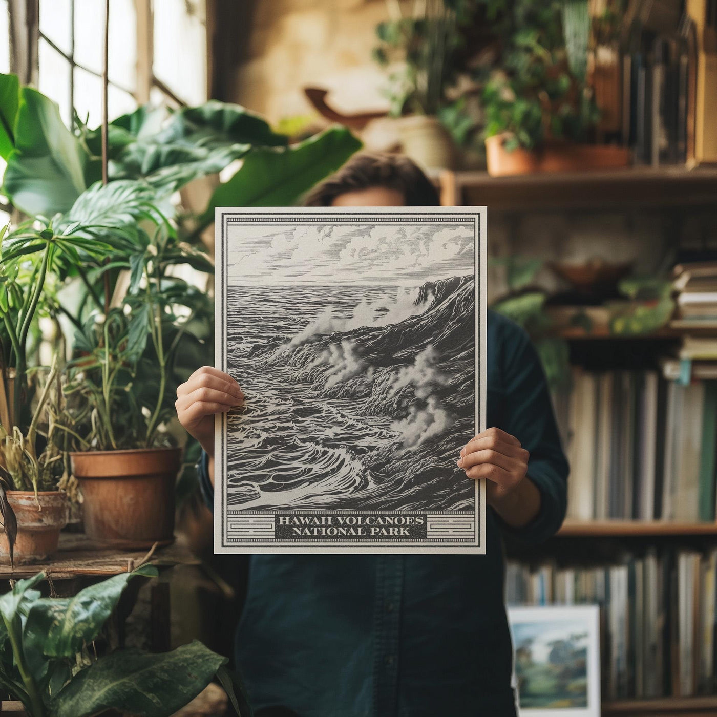 Hawaii Volcanoes National Park Lithograph Style Print - Vintage Hawaii Big Island archival matte fine art print. Kīlauea & Mauna Loa Gift.