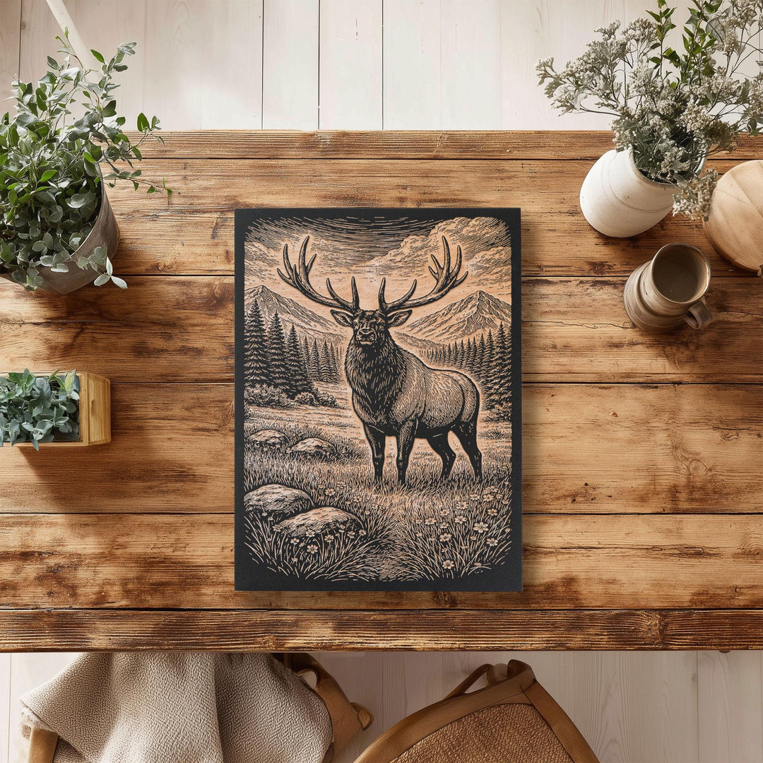 Majestic Elk in Alpine Meadow Engraved Birch Art Panel