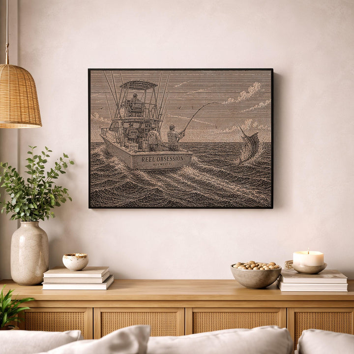 Marlin Sport Fishing Engraved Illustration