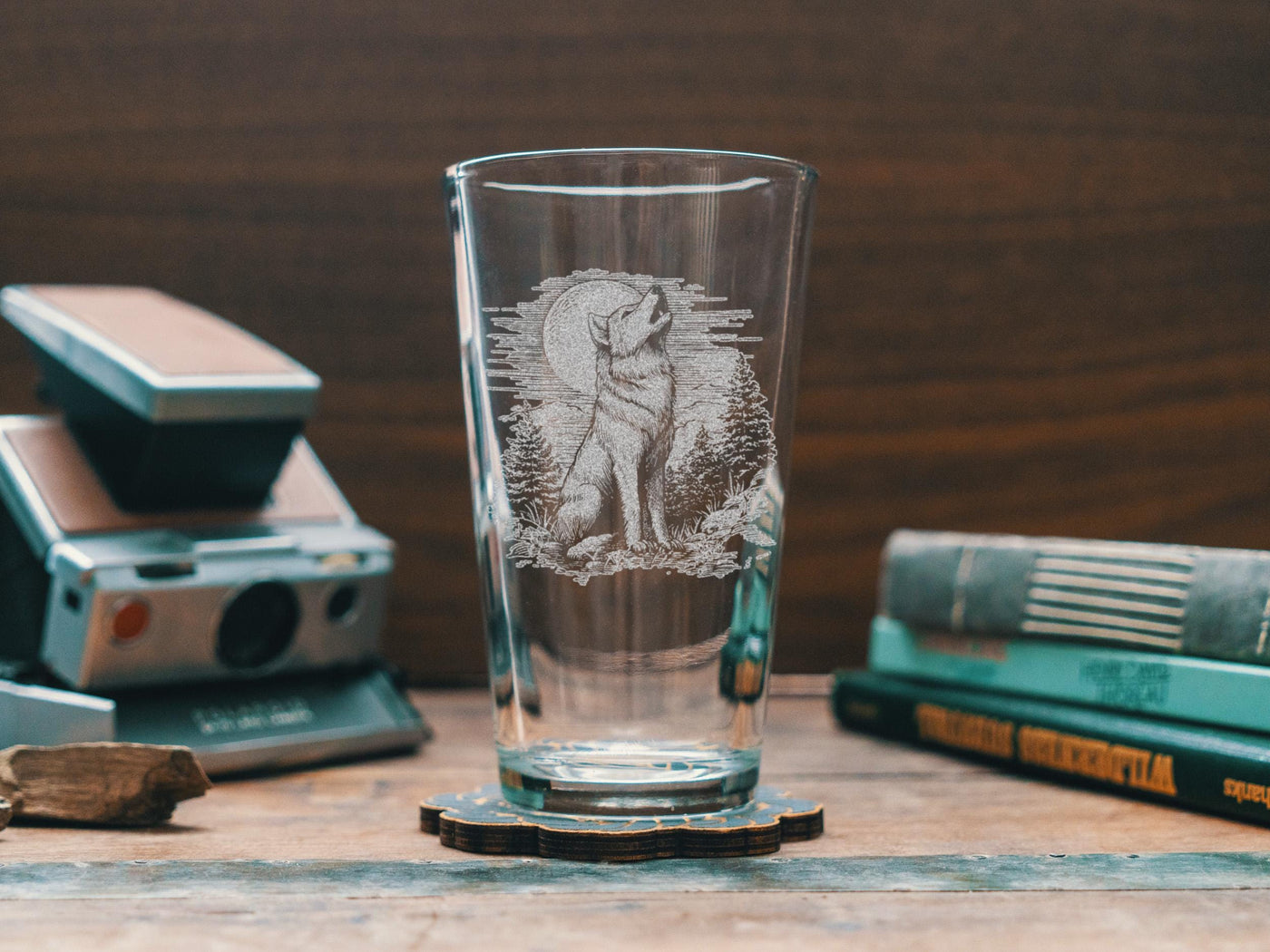 Wolf Scene Glasses | Wildlife Themed Personalized Whiskey, Wine & Beer Glassware, Full Moon Howling Wolf Drinkware, Forest Animal Gift