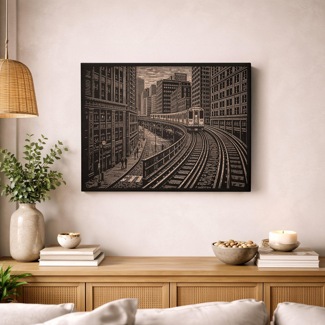 Chicago Elevated Train Engraved Birch Art Panel