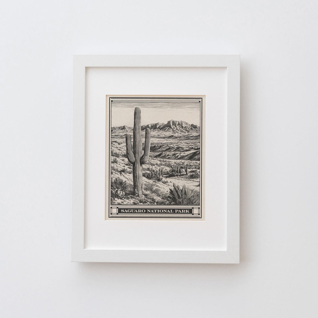 Saguaro National Park Lithograph Style Print - Vintage Arizona archival matte fine art print. Saguaro Cactus Desert Gift. Rincon Mountain.