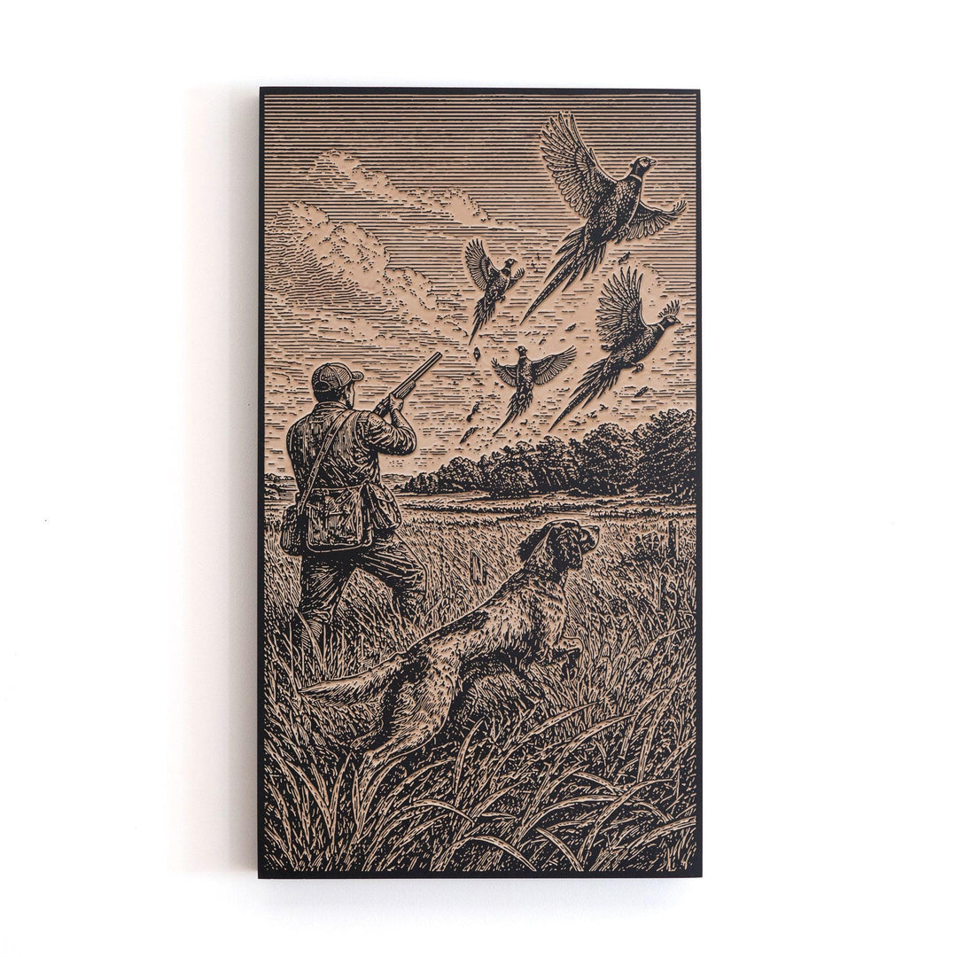 Hunter in the Field with Dogs and Birds Engraved Illustration