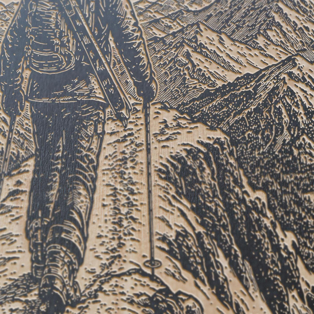 Skier Hiking Ridgeline with Skis Engraved Illustration