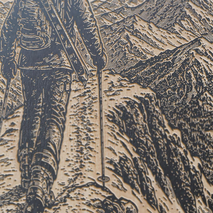 Skier Hiking Ridgeline with Skis Engraved Illustration