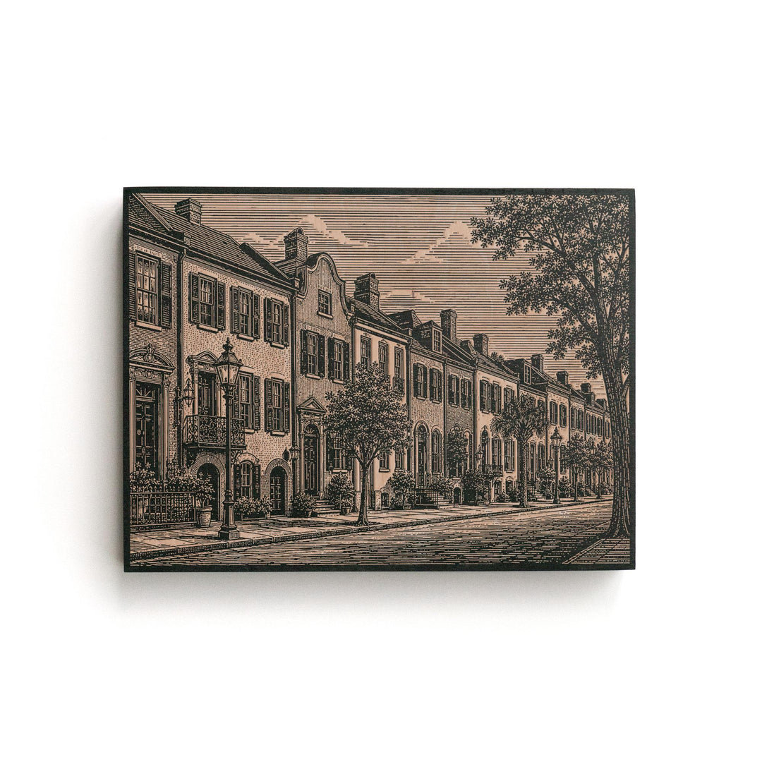 Charleston Rainbow Row Engraved Birch Art Panel