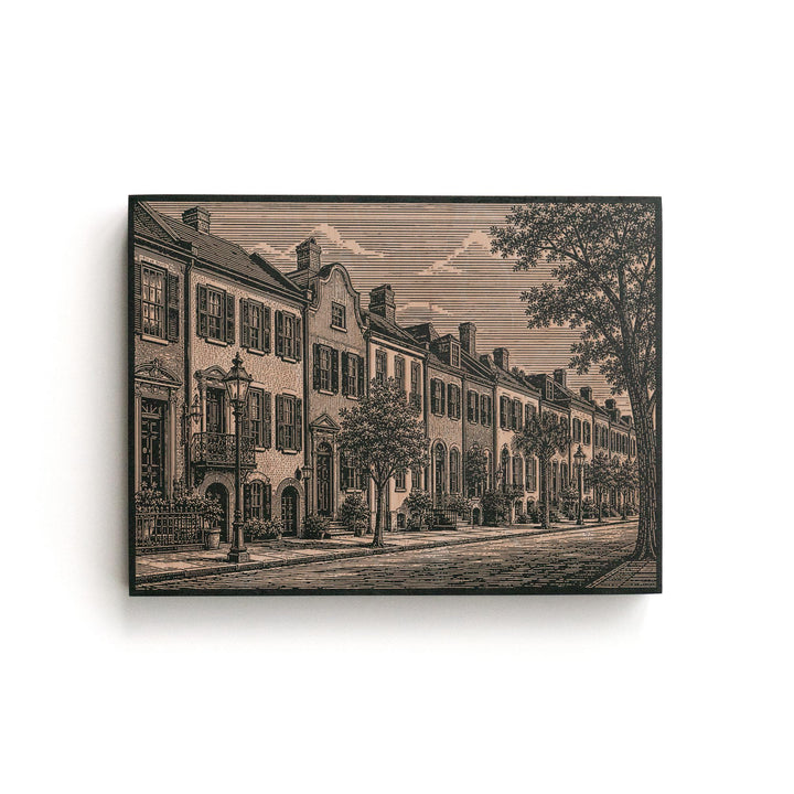Charleston Rainbow Row Engraved Birch Art Panel