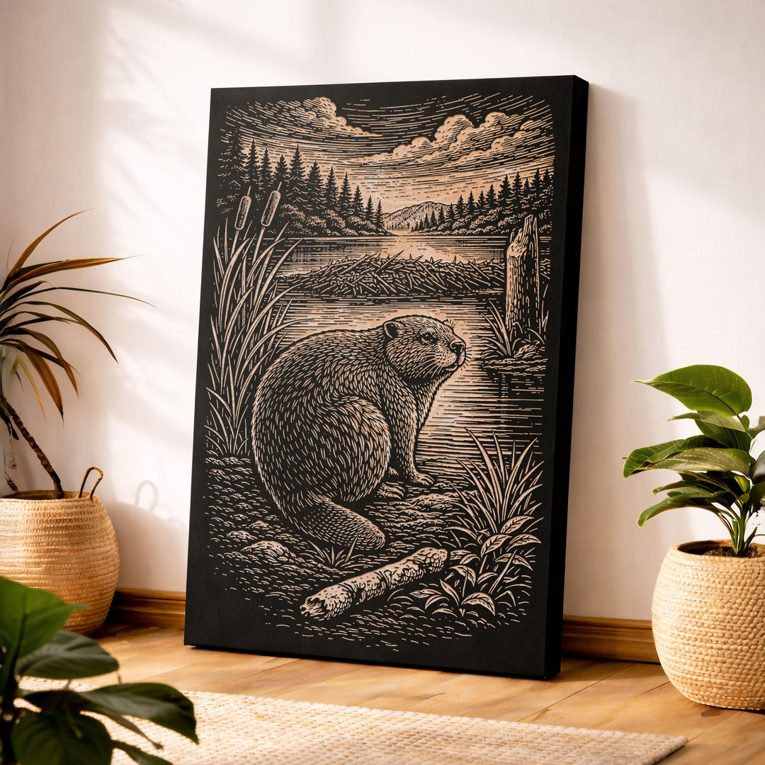 Beaver at Wetland Edge Engraved Birch Art Panel