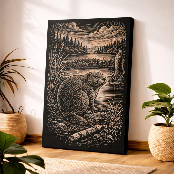 Beaver at Wetland Edge Engraved Birch Art Panel