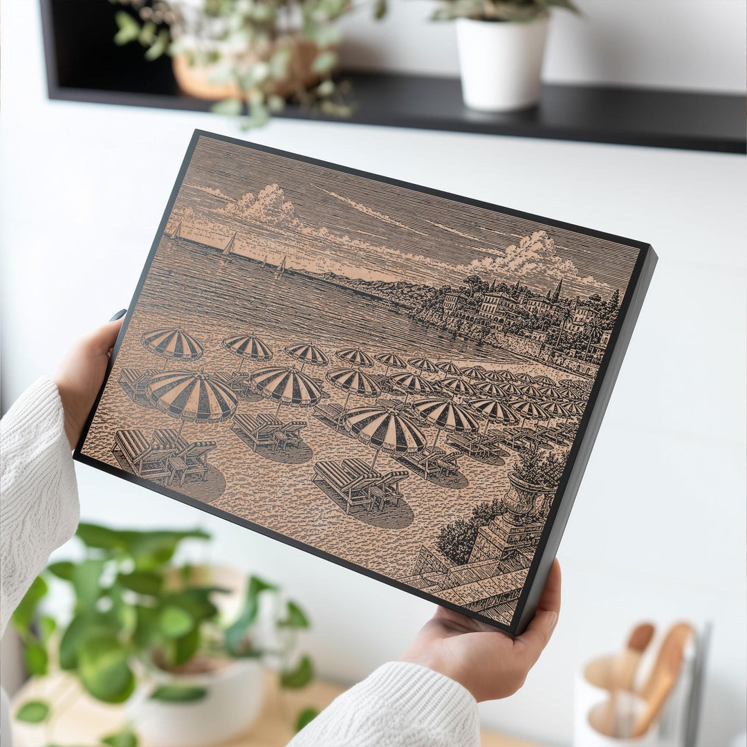 Mediterranean Beach Resort Engraved Illustration
