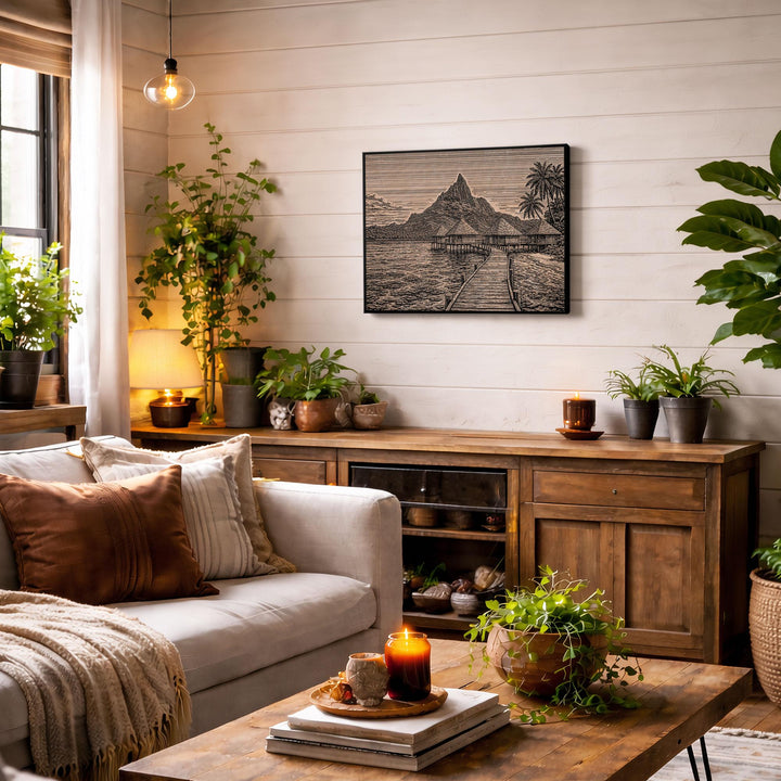 Bora Bora Bungalow Engraved Birch Art Panel