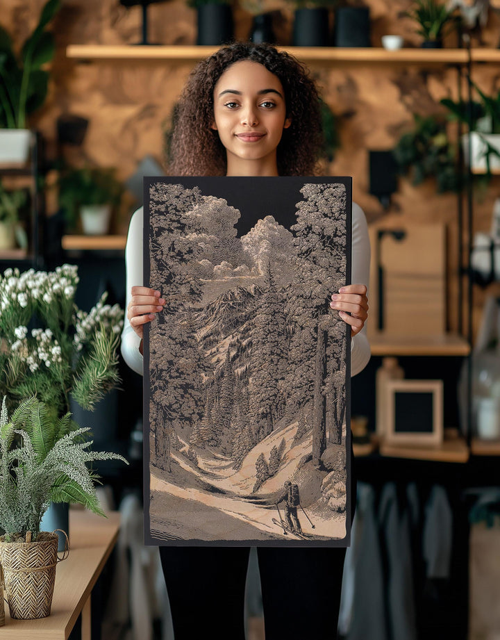 Skiing in the Trees Engraved Illustration