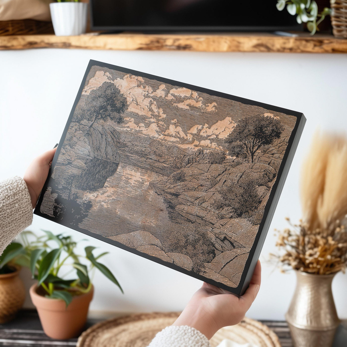 Sunset Reflection at Watson Lake Engraved Illustration