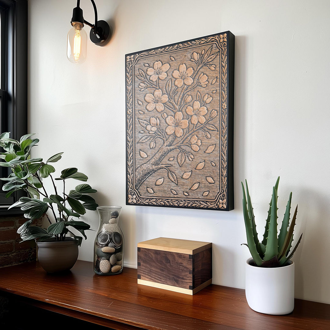 Cherry Blossom Branch Engraved Birch Illustration
