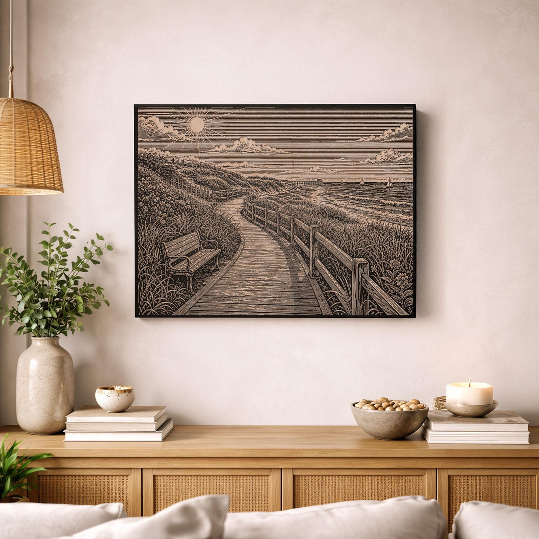 Seaside Boardwalk Stroll Engraved Illustration