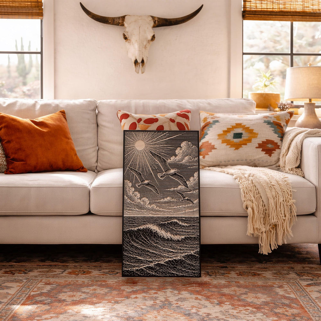 Seagulls Over a Dramatic Seascape Engraved Birch Art Panel