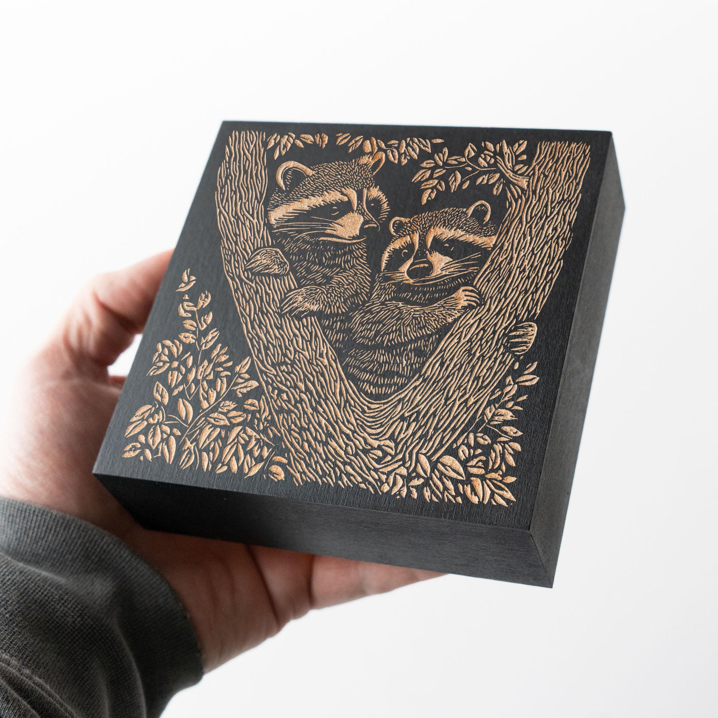 Raccoons Engraved Birch Wood Panel