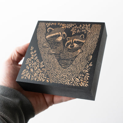 Raccoons Engraved Birch Wood Panel