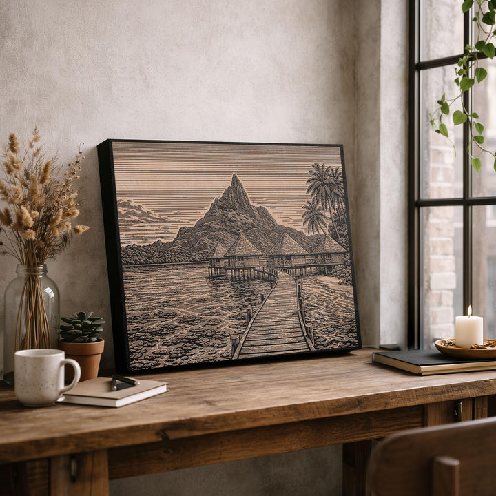 Bora Bora Bungalow Engraved Birch Art Panel