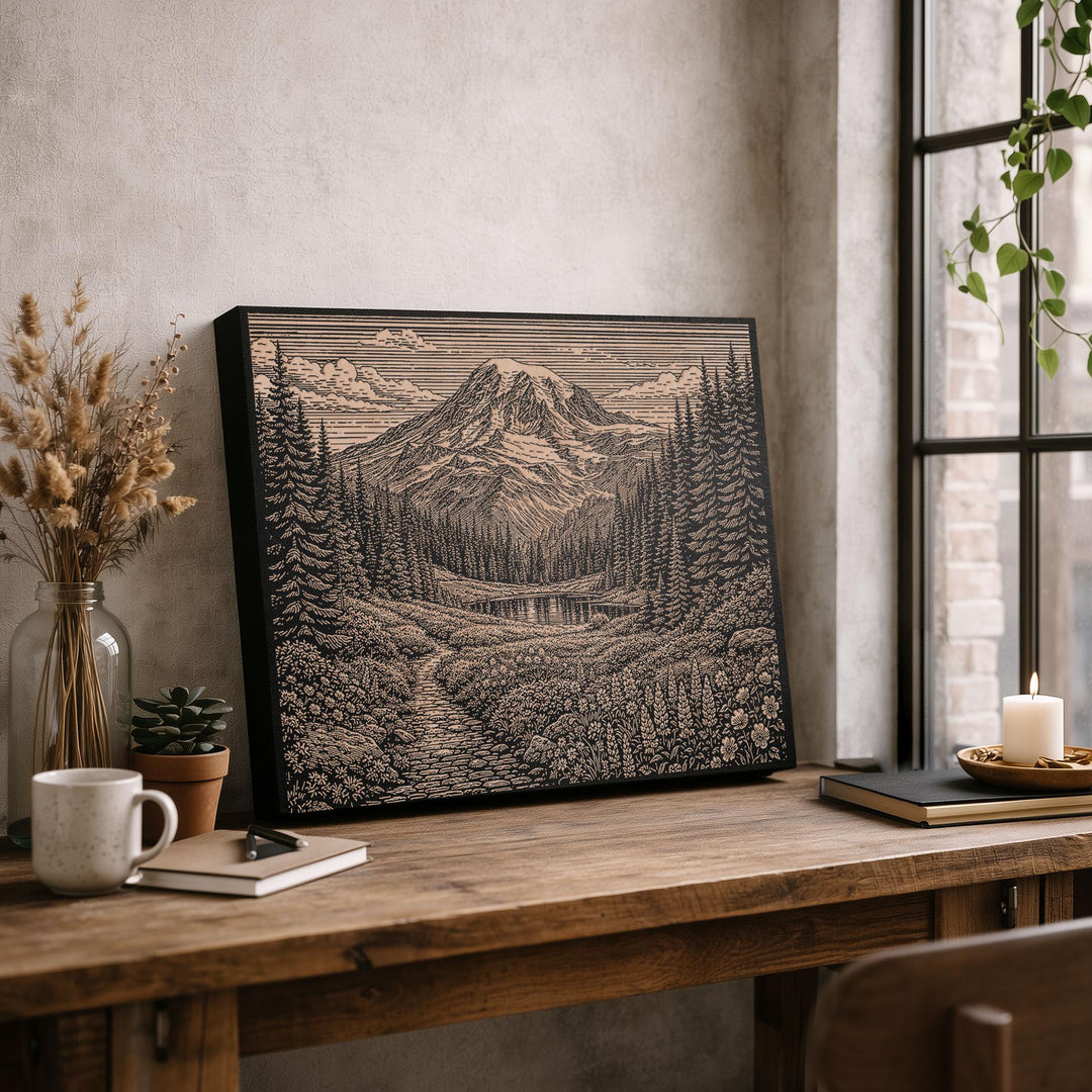 Alpine Meadow Mount Rainier Engraved Birch Art Panel
