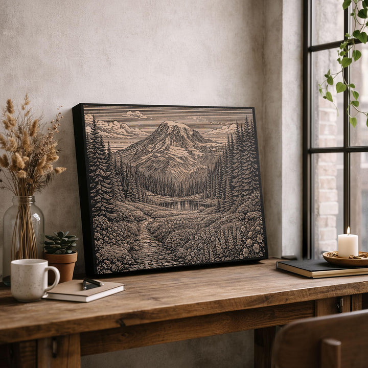 Alpine Meadow Mount Rainier Engraved Birch Art Panel