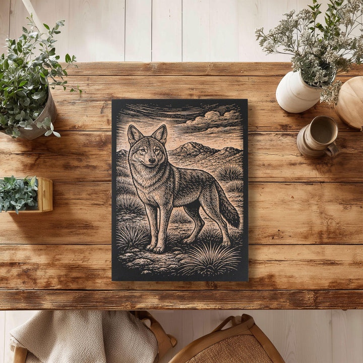 Coyote in Desert Engraved Birch Art Panel