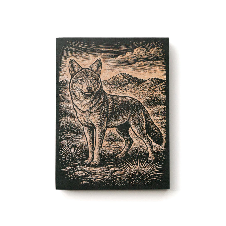 Coyote in Desert Engraved Birch Art Panel