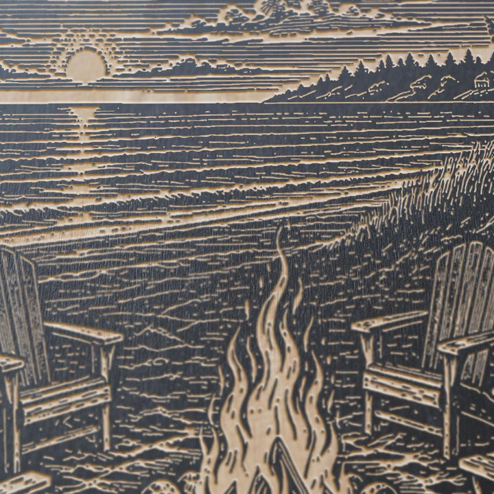 Beach Bonfire at Sunset Engraved Illustration